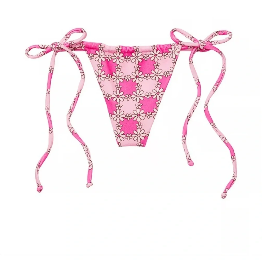New! Frankie’s bikinis Tia Terry String Bikini Bottom Pink Daisy 24070